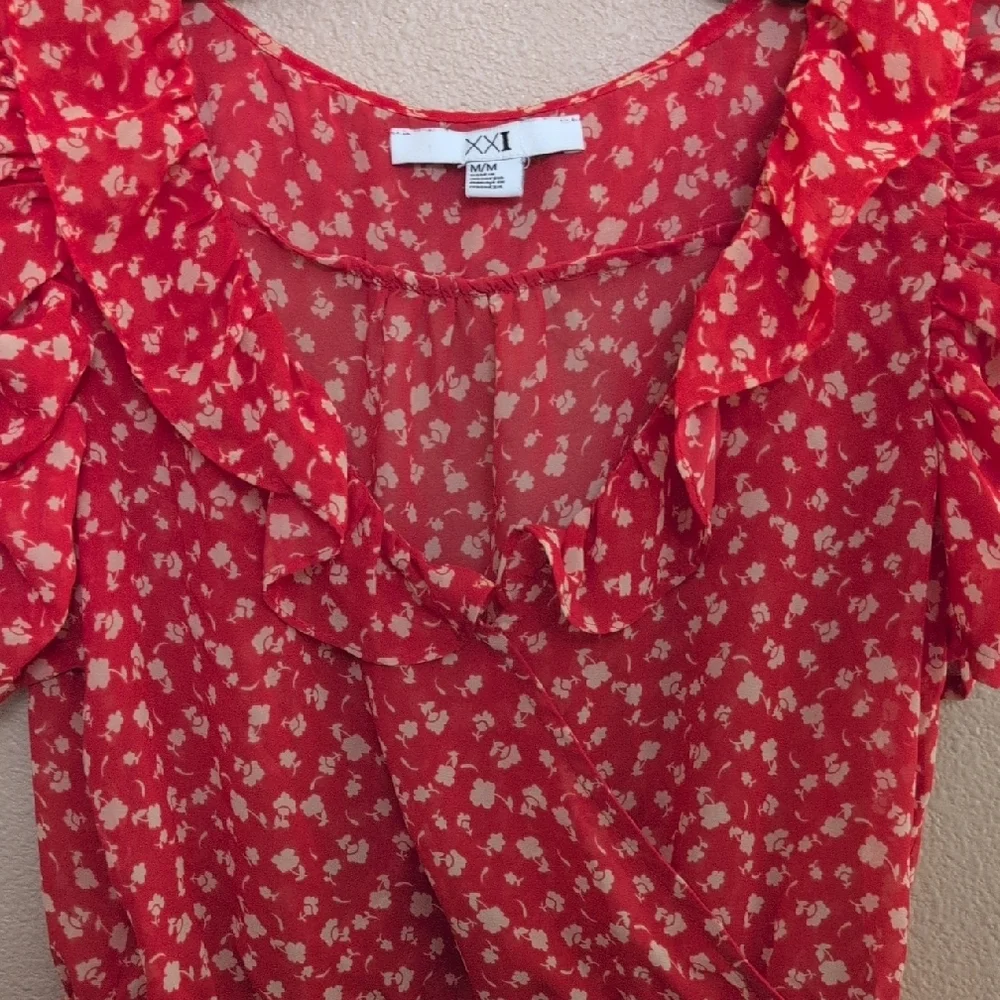 Red Floral Ruffle Blouse - Picture 3 of 3